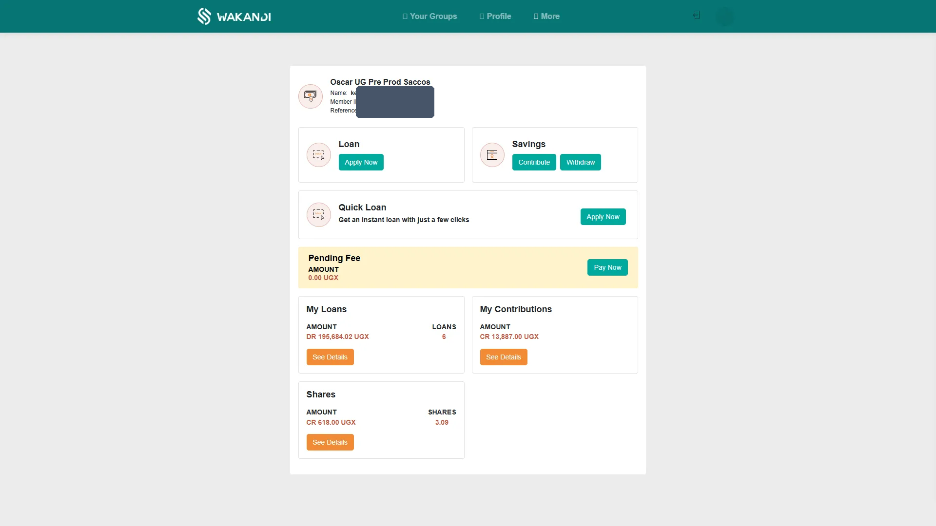 The member app dashboard showing the Loan, Quick Loan and Savings actions and the My Loans, My Contributions and Shares balances