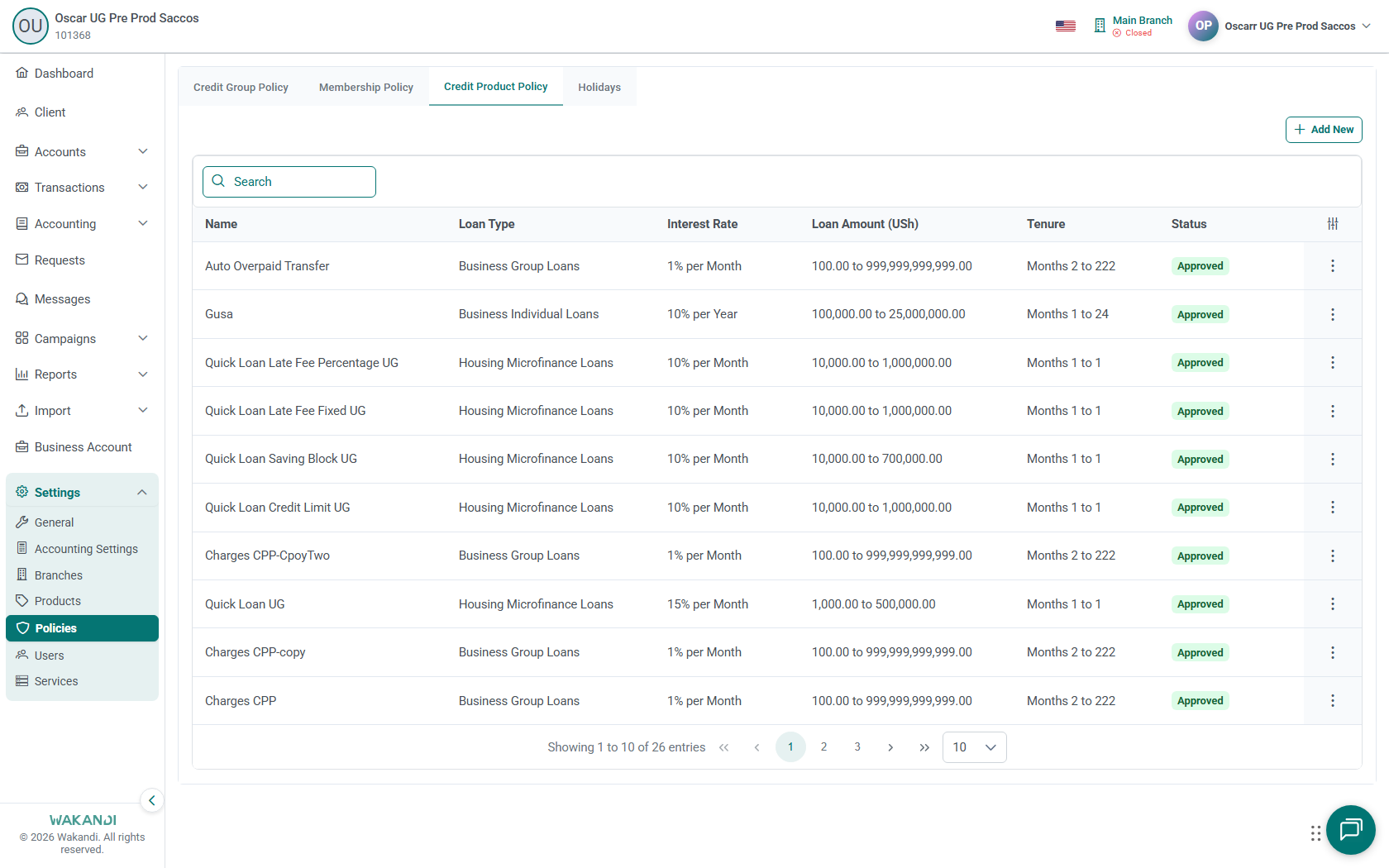 Credit Product Policy list under Settings, Policies, Credit Product Policy