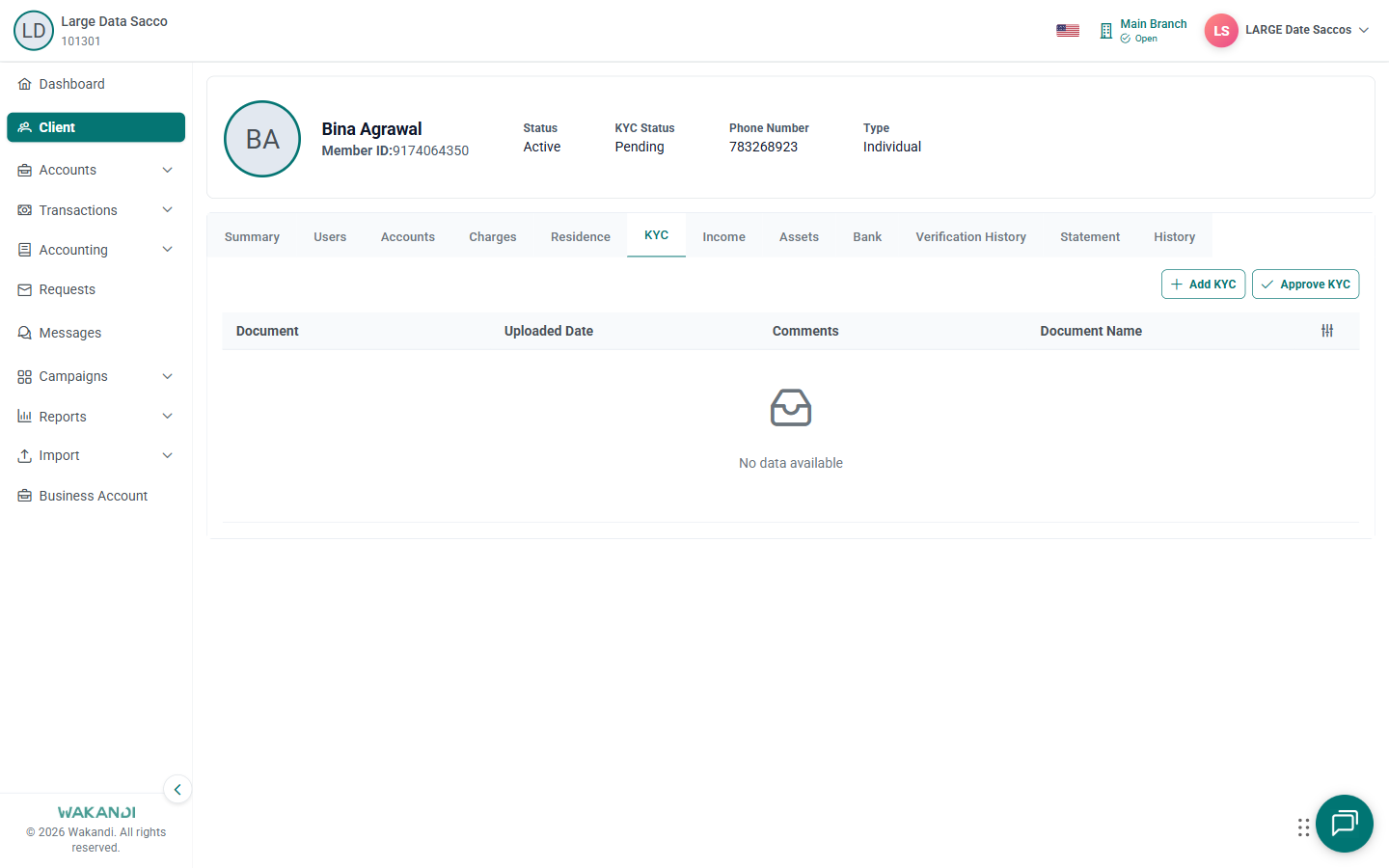 KYC tab open with an empty document table reading No data available, beside Add KYC and Approve KYC