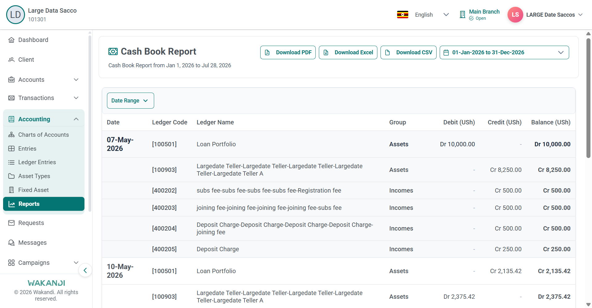 The Cash Book Report with its date range at the top and dated ledger rows showing debit, credit and balance