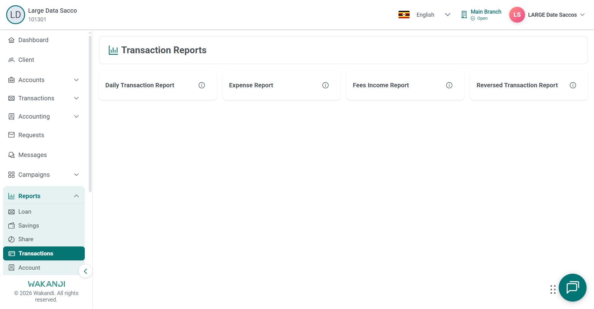 Transaction Reports hub with cards for Daily, Expense, Fees Income and Reversed Transaction reports