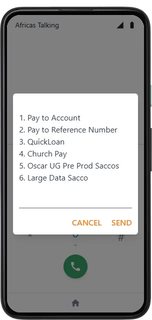 The USSD main menu in the phone — Pay to Account, Pay to Reference Number, QuickLoan, Church Pay, and your SACCO