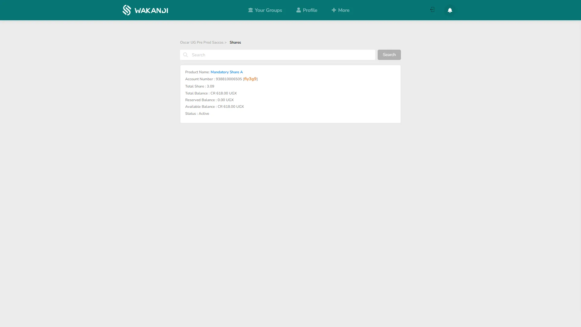 The Shares screen showing your share account: product name, account number, total shares, balances, and status