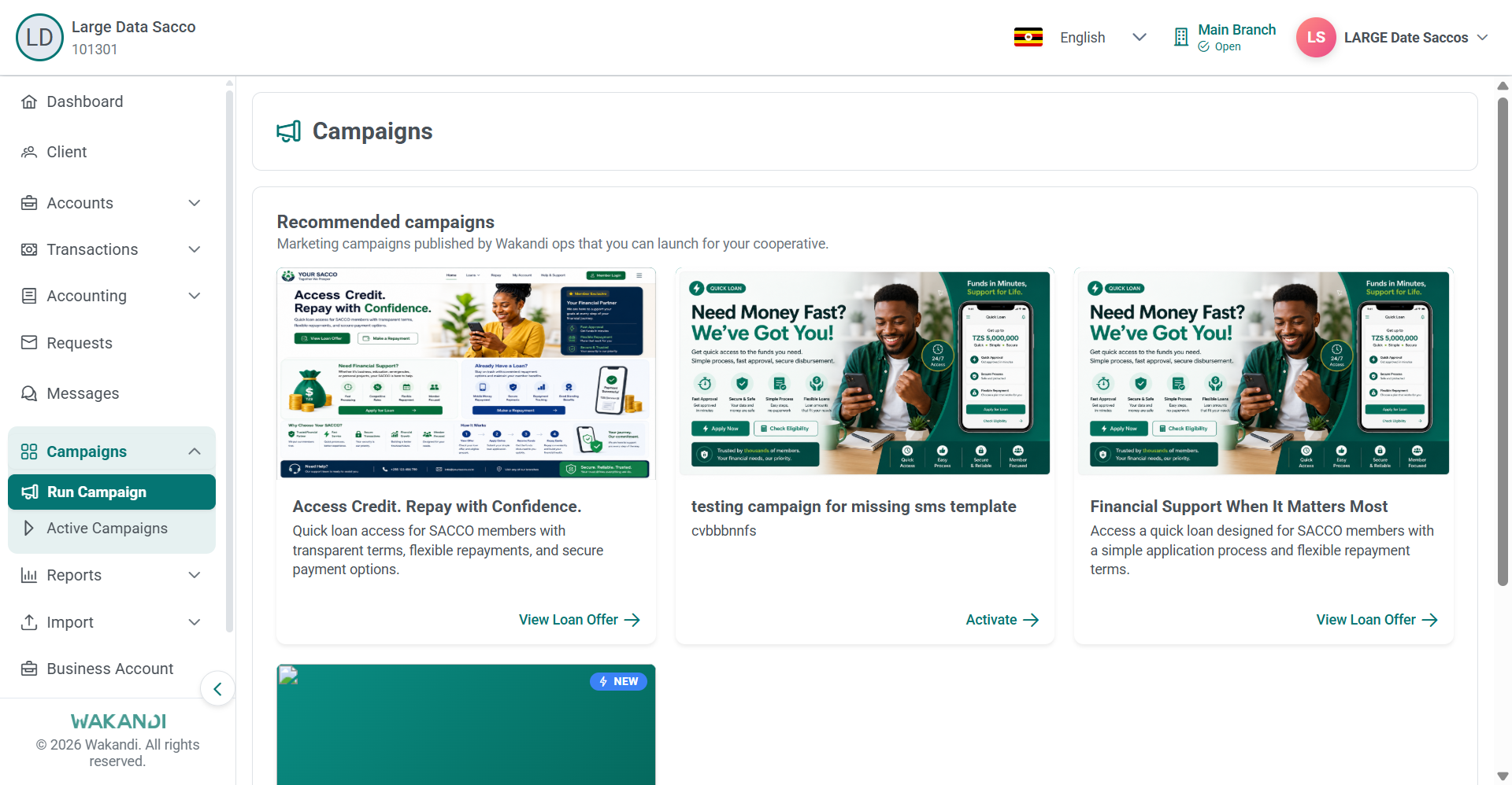 Run Campaign page with recommended Quick Loan campaign cards and their launch links