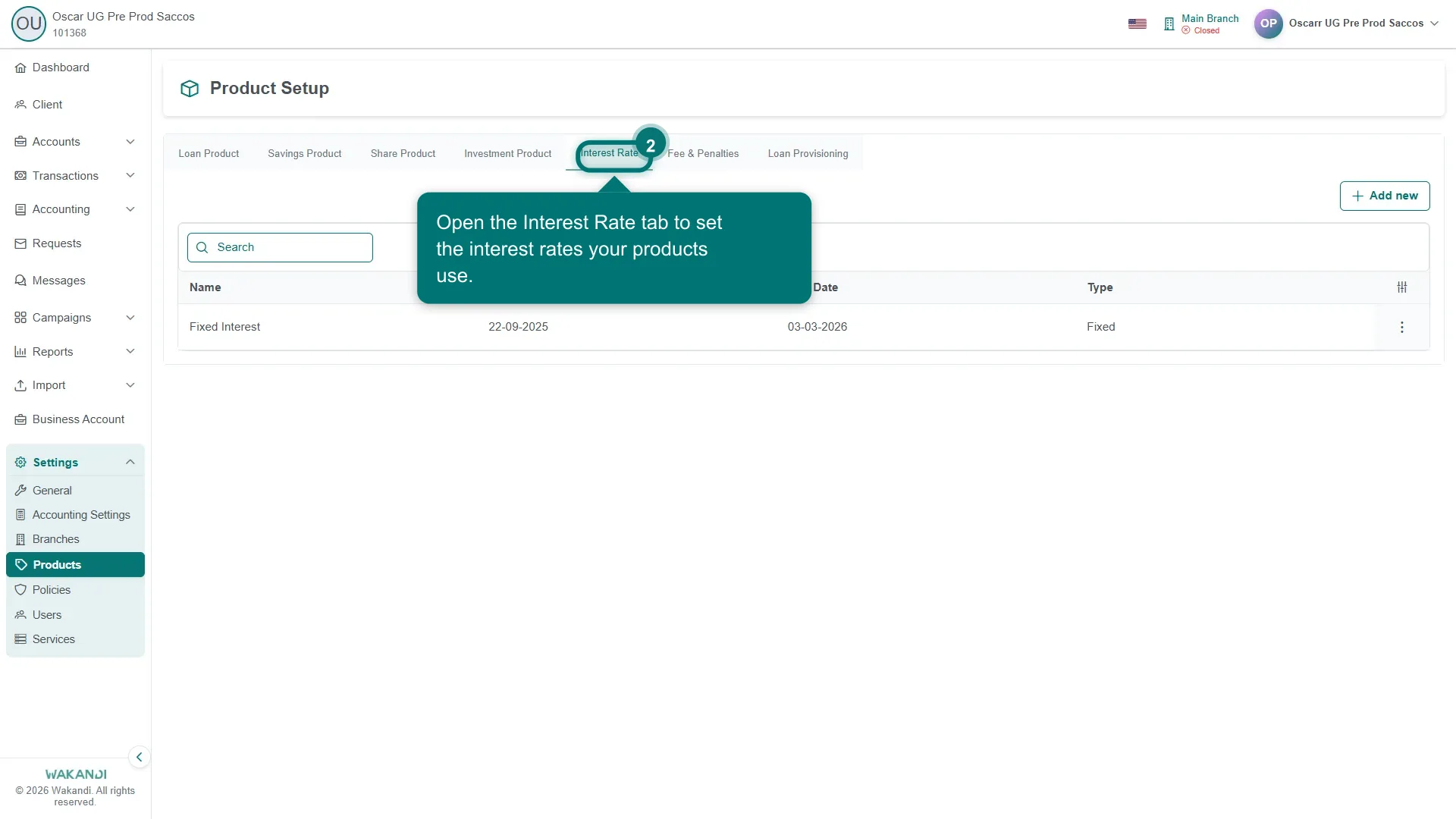 Figure 2: The Interest Rate tab under Product Setup, where interest rates used by products are configured