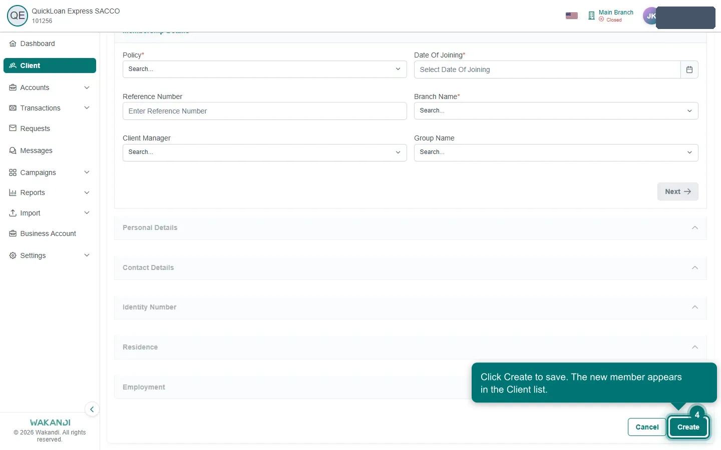 The completed Create New Client form with the Create button highlighted at the bottom right