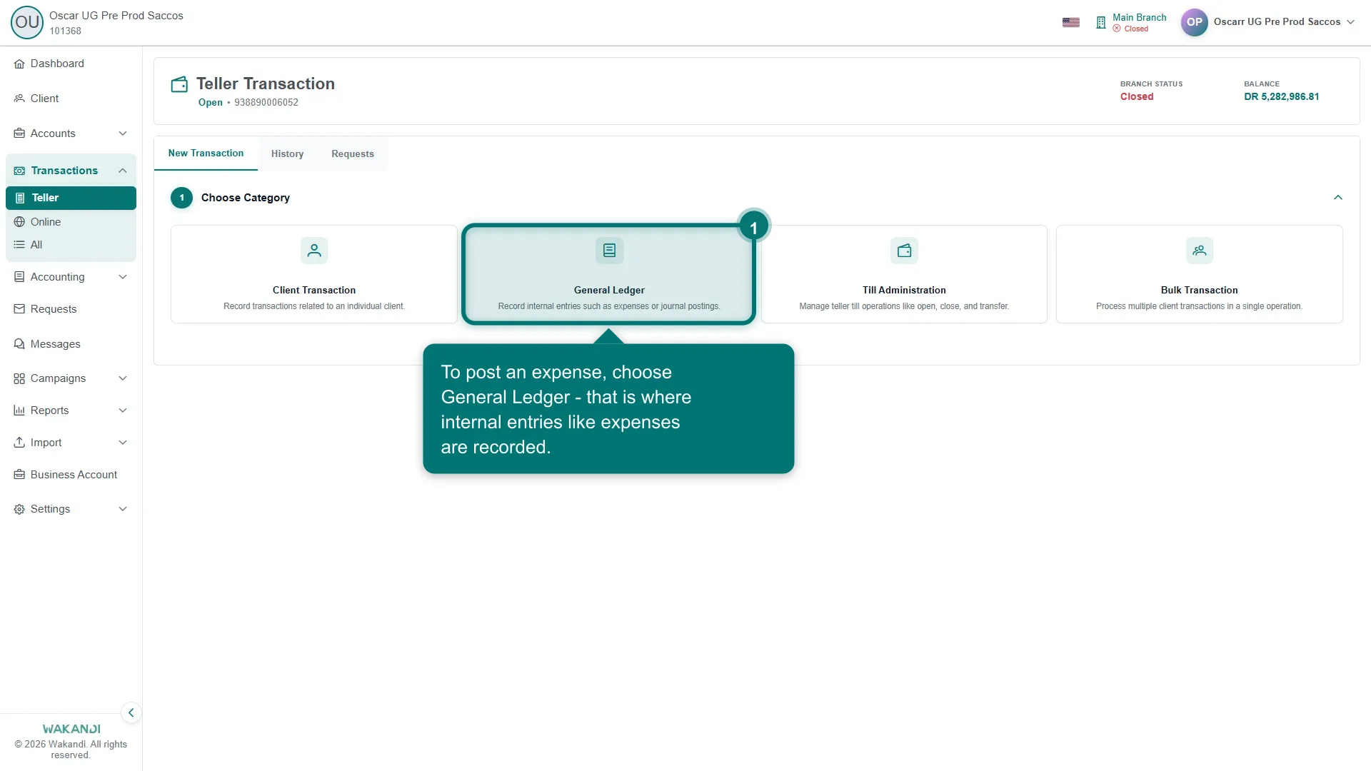 Figure 1: The teller New Transaction step with Choose Category expanded, showing Client Transaction, General Ledger, Till Administration and Bulk Transaction