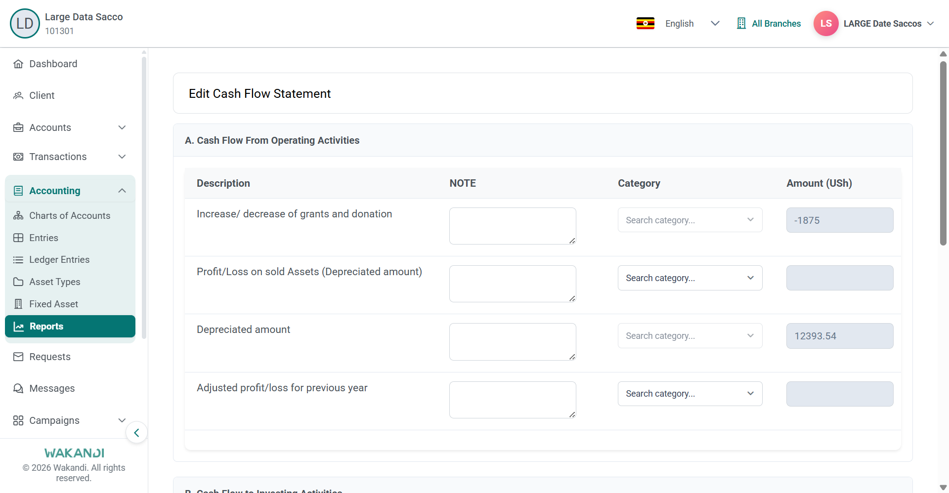 The Edit Cash Flow Statement page with NOTE, Search category and Amount fields beside each operating activity line