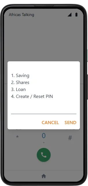 Your SACCO's USSD menu in the phone — 1 Saving, 2 Shares, 3 Loan, 4 Create / Reset PIN
