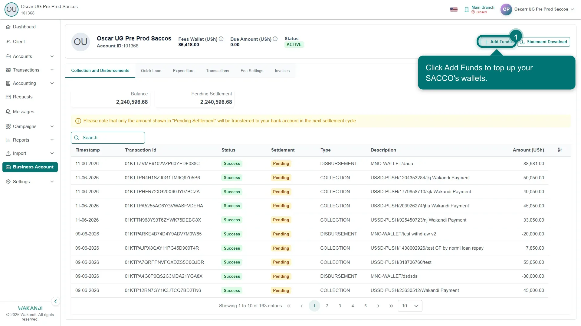 Figure 1: The Business Account dashboard showing the Fees Wallet balance, Due Amount, ACTIVE status, and the Add Funds button