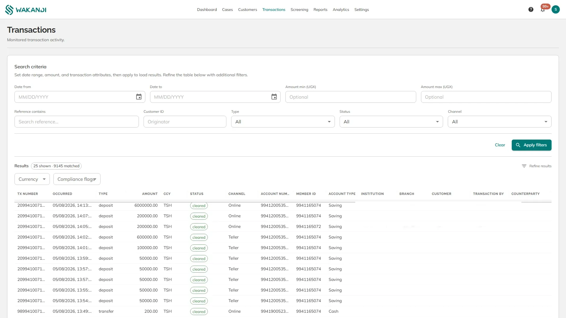 The Transactions view, where the shape of an account's flow is visible to your compliance team
