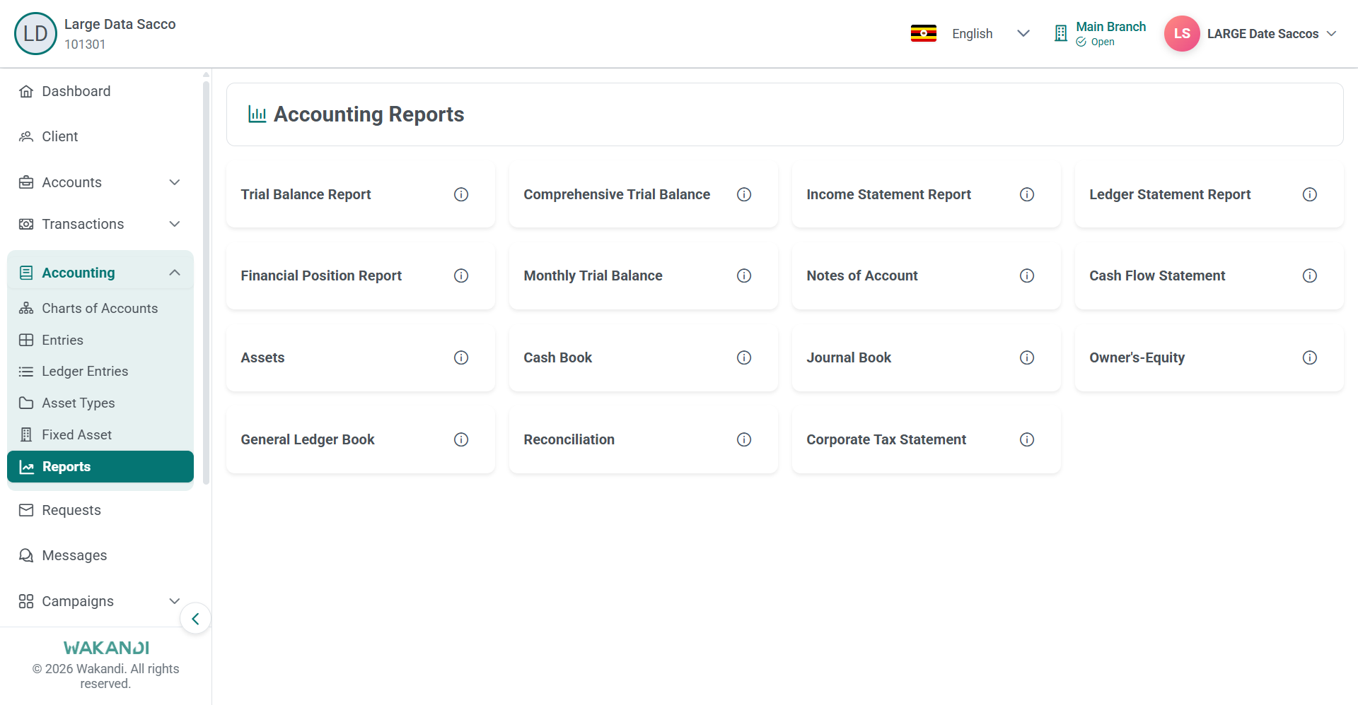 Accounting Reports page showing the report cards, with Owner's-Equity in the third row
