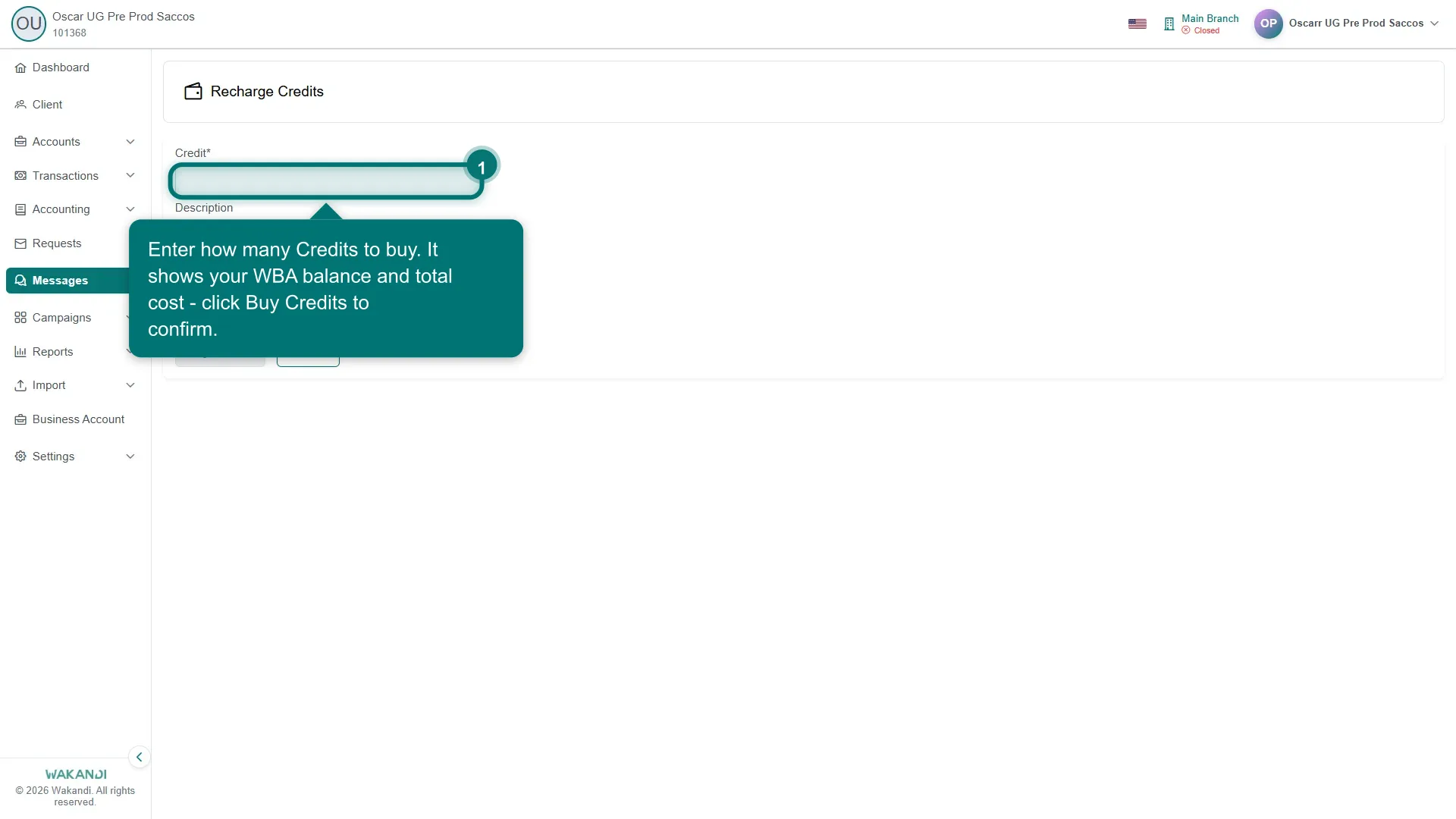 The Recharge Credits screen — enter the number of credits; it shows your WBA balance and the total cost, and Buy Credits confirms the purchase.