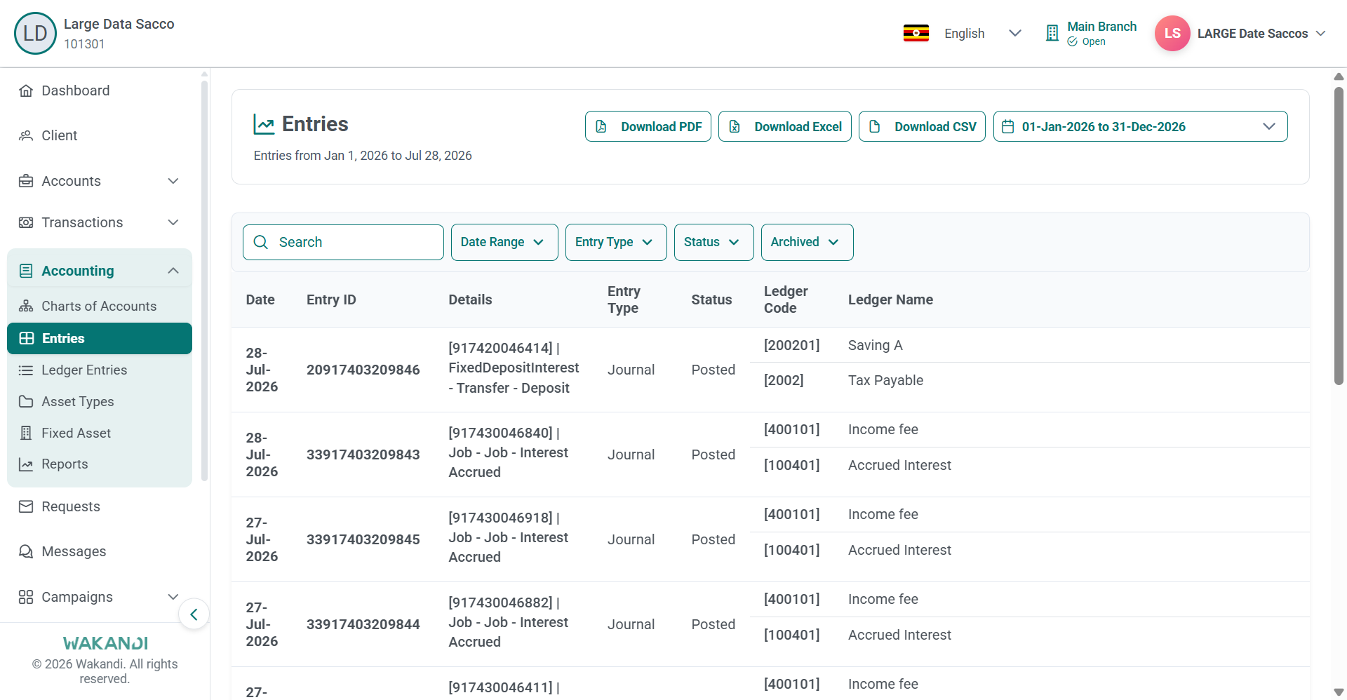 Accounting Entries page with the active period in the heading and Date Range, Entry Type and Status filters