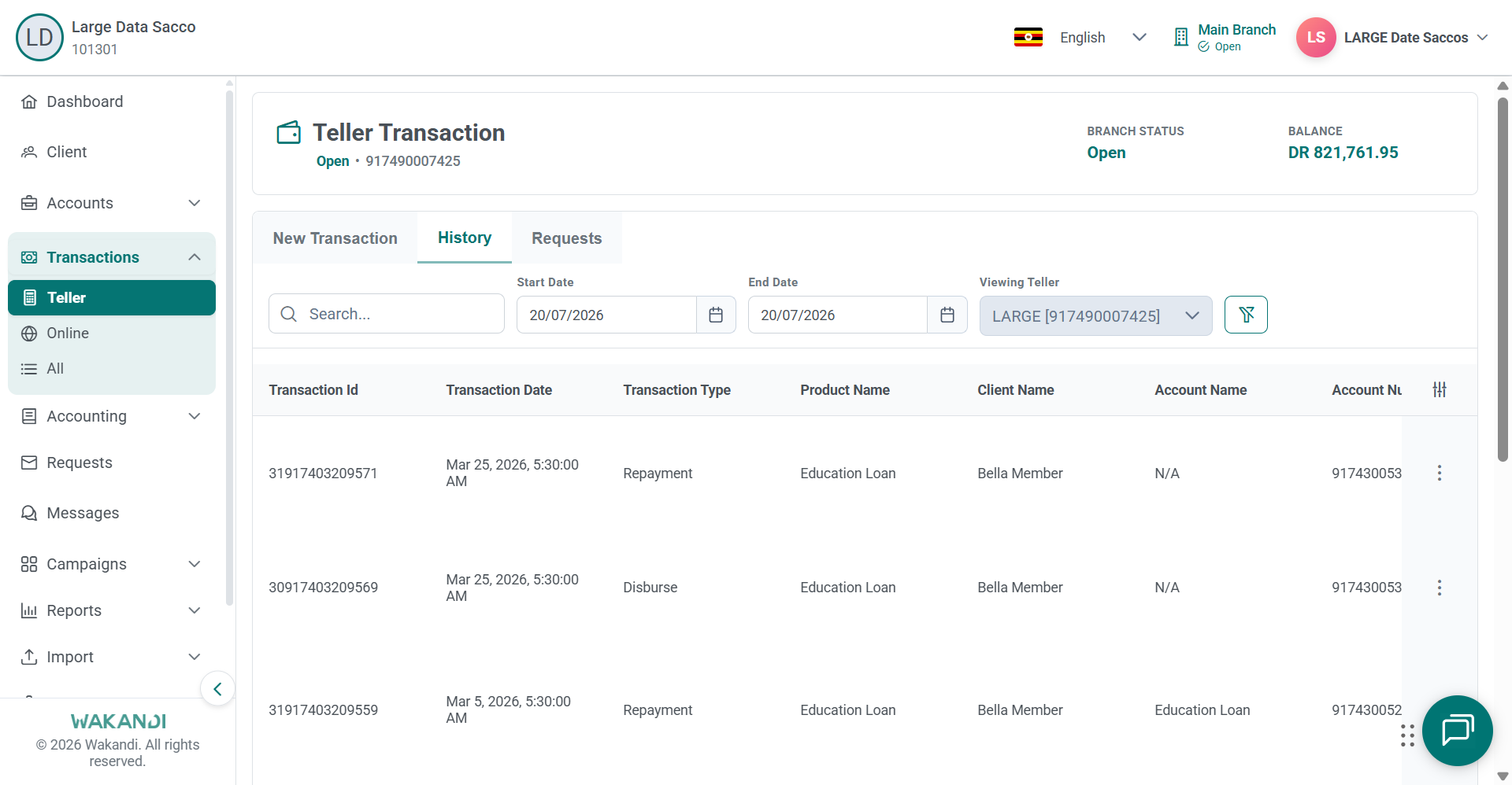 Teller History tab listing posted transactions with Transaction Id, date, type and account number columns