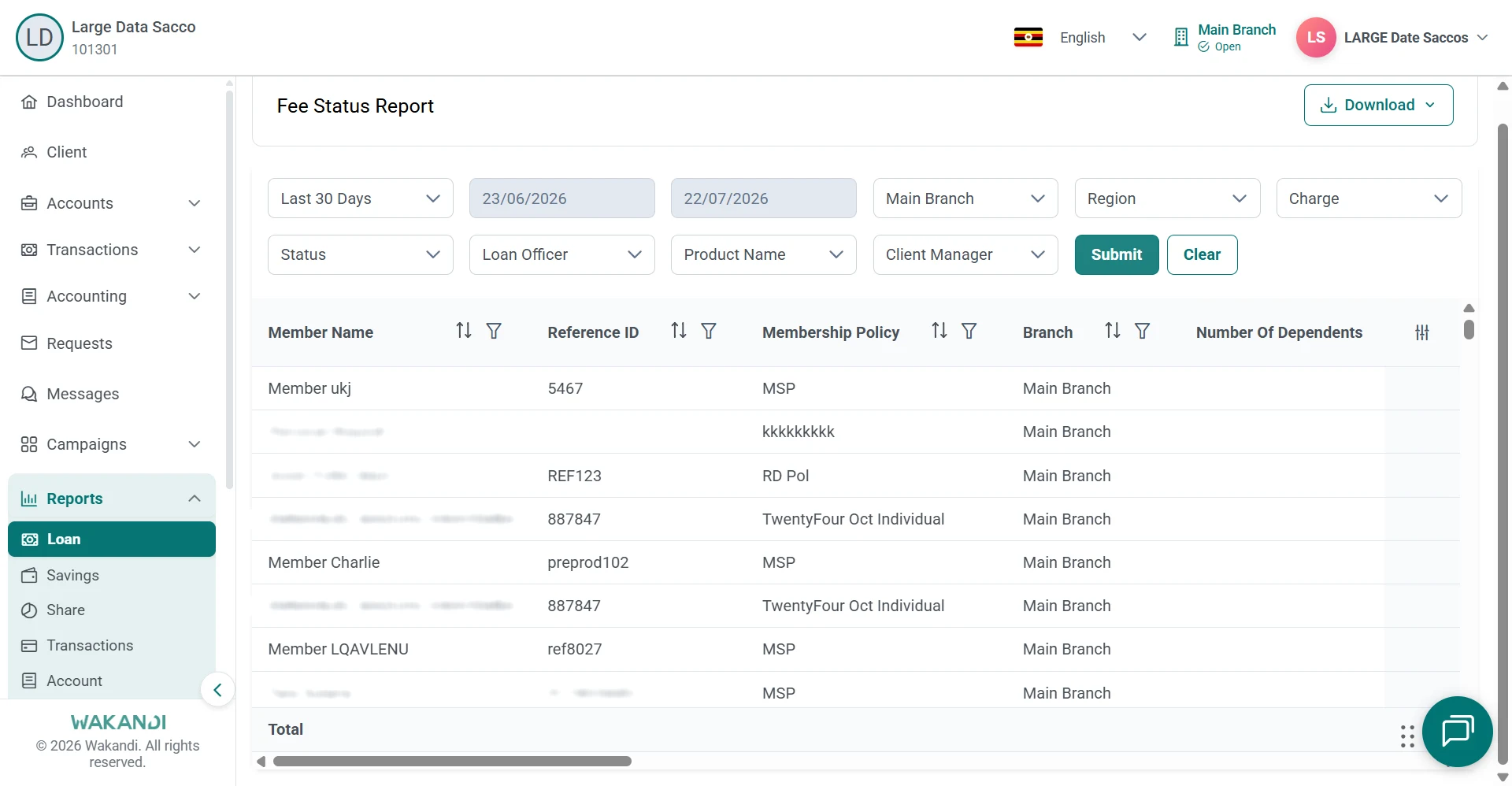 Fee Status Report with date, branch, charge and status filters above the results and a Submit button