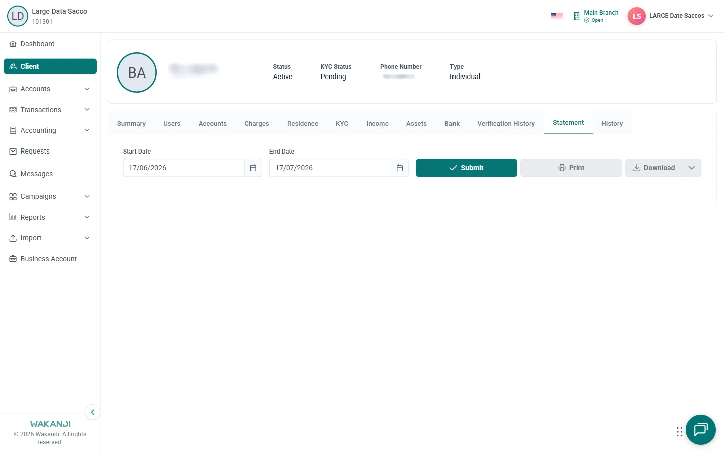 Member profile Statement tab with Start Date and End Date set beside Submit, Print and Download