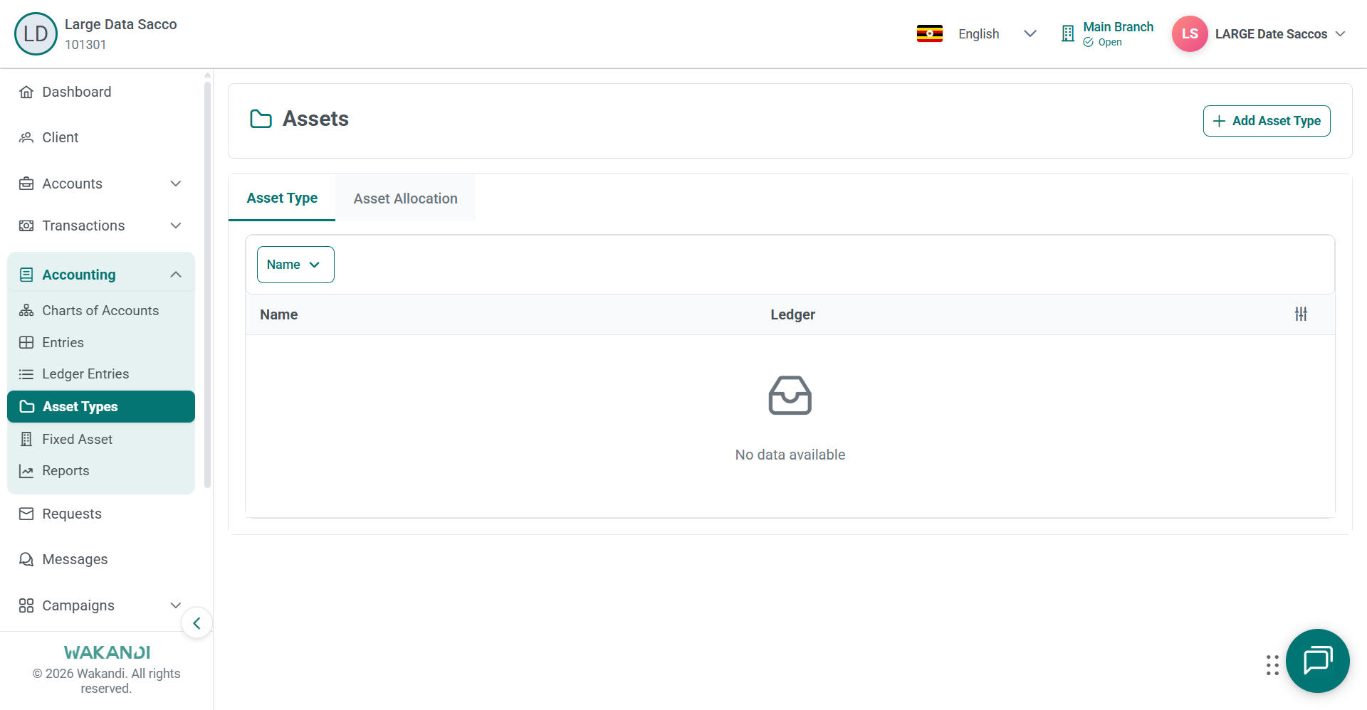 Assets page loaded on the Asset Type tab with Add Asset Type button and an empty ledger list