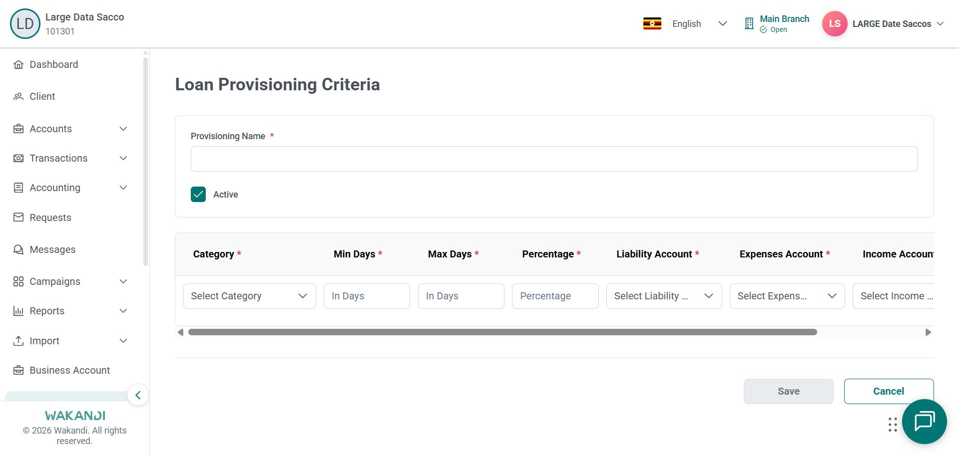 Loan Provisioning Criteria form with a name field and a blank band row for days and percentage