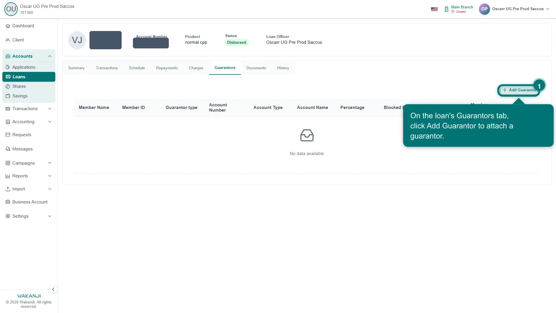 Figure 1: The Guarantors tab on a loan, where guarantors attached to the loan are listed and added
