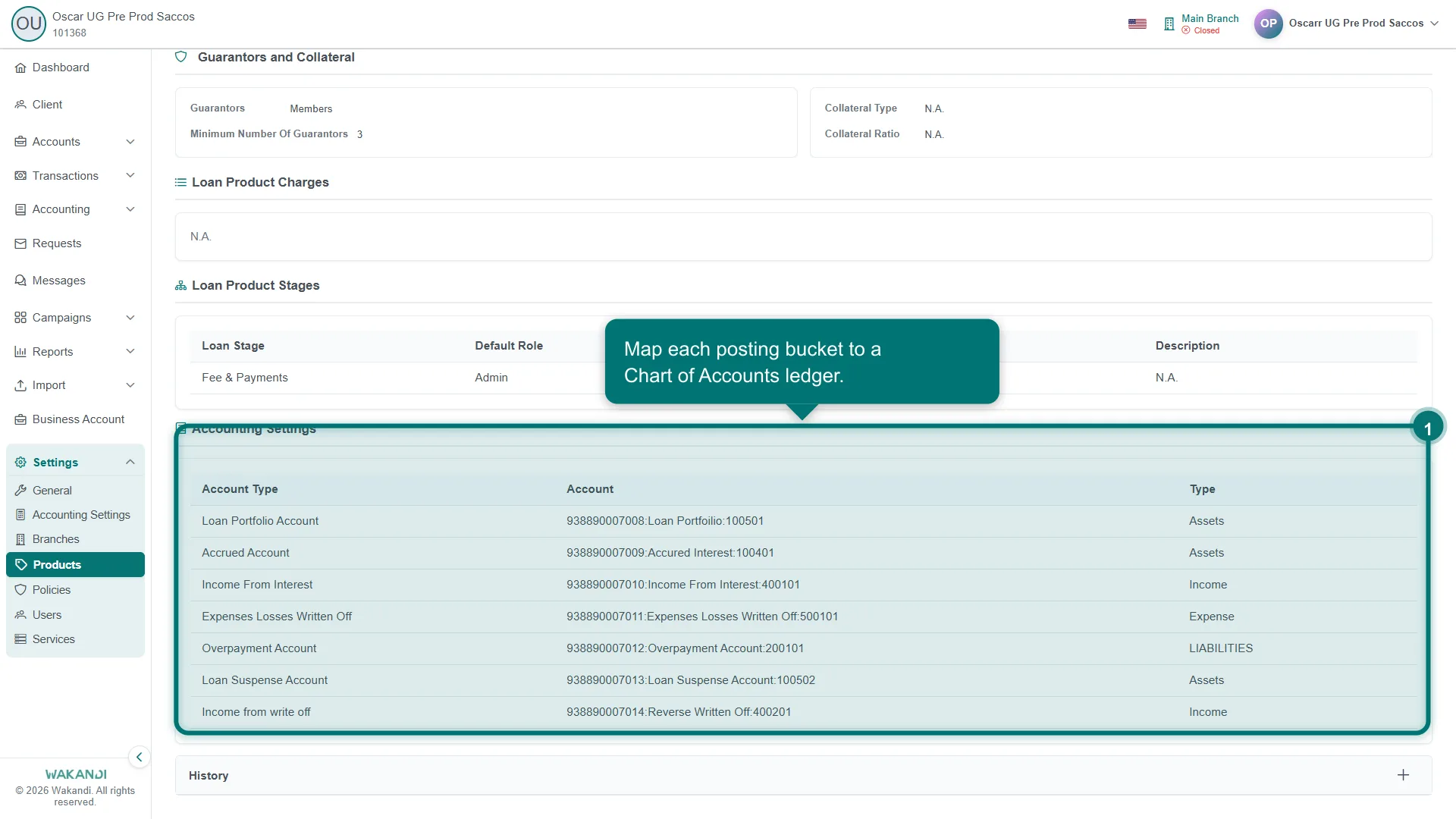 The loan product Accounting Settings, mapping Loan Portfolio, Accrued Interest, Income, Write-off, Overpayment and Suspense accounts to ledgers