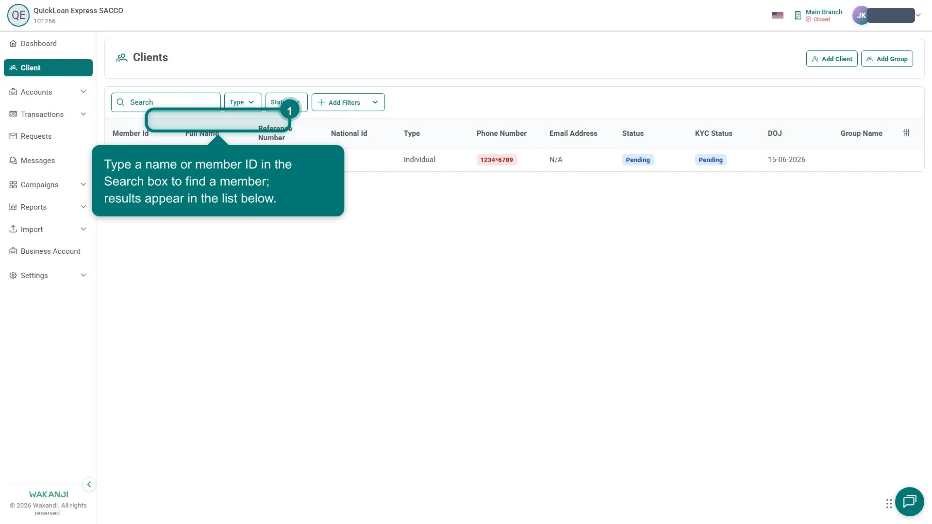 The Clients screen, with the search box and member list
