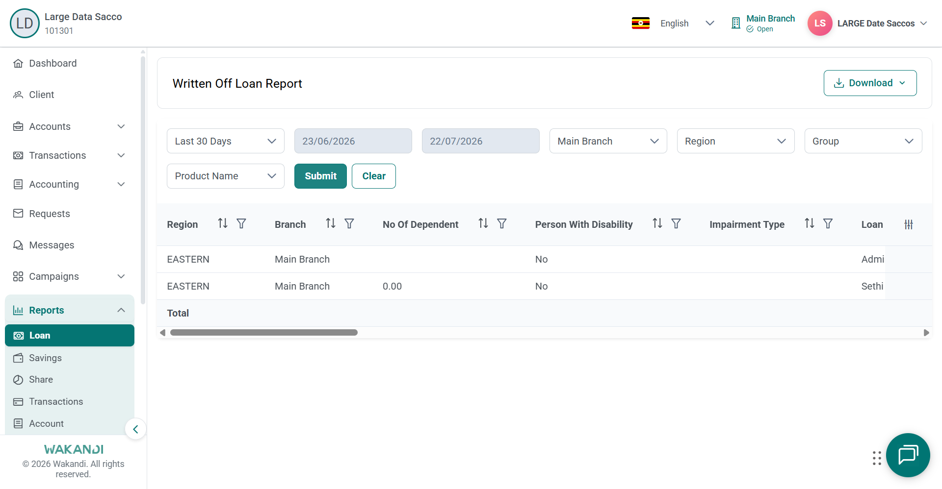Written Off Loan Report with date and branch filters, result rows and the Download button