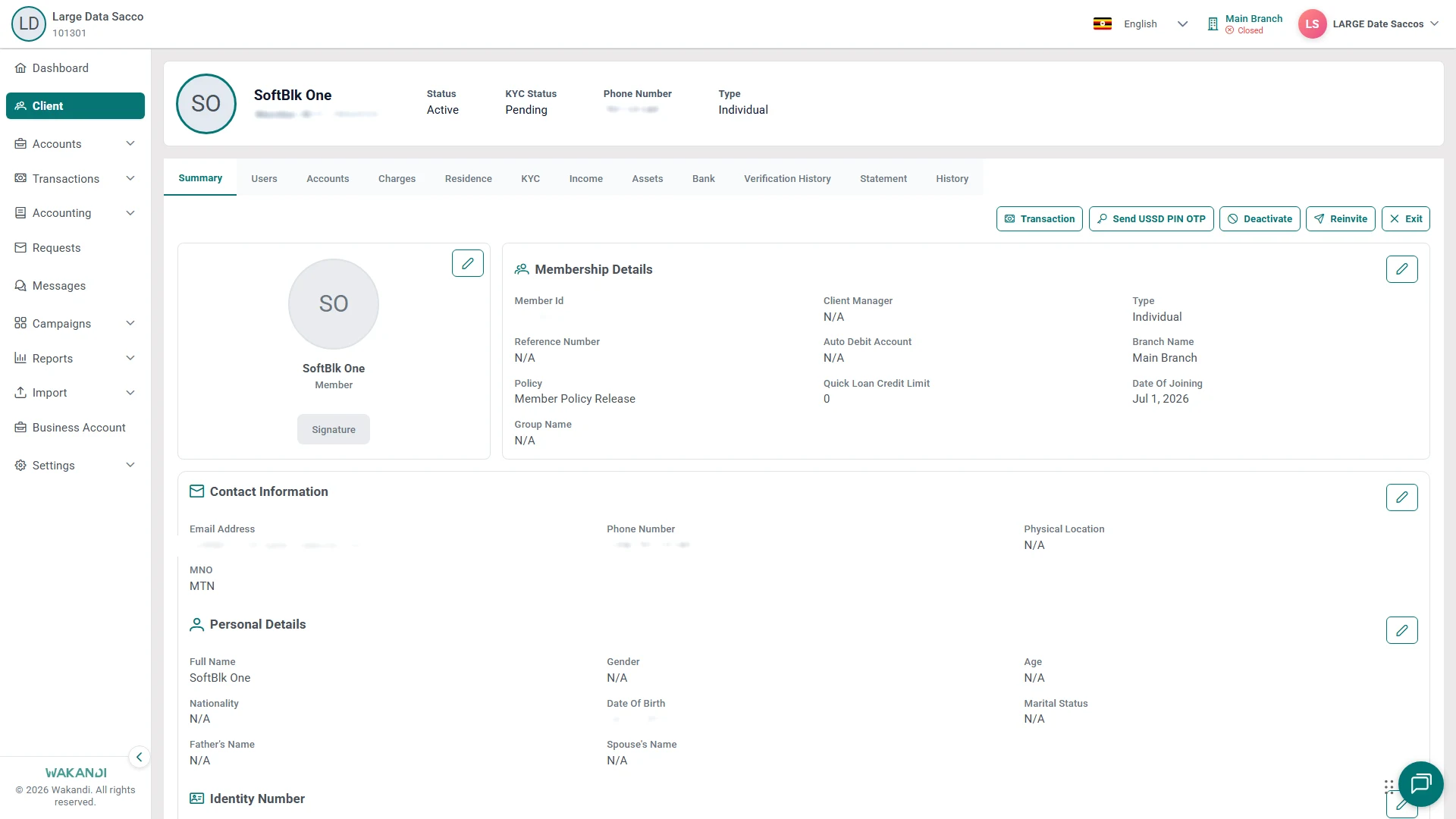 The member Summary tab with the Send USSD PIN OTP button, used to set or reset the transaction PIN