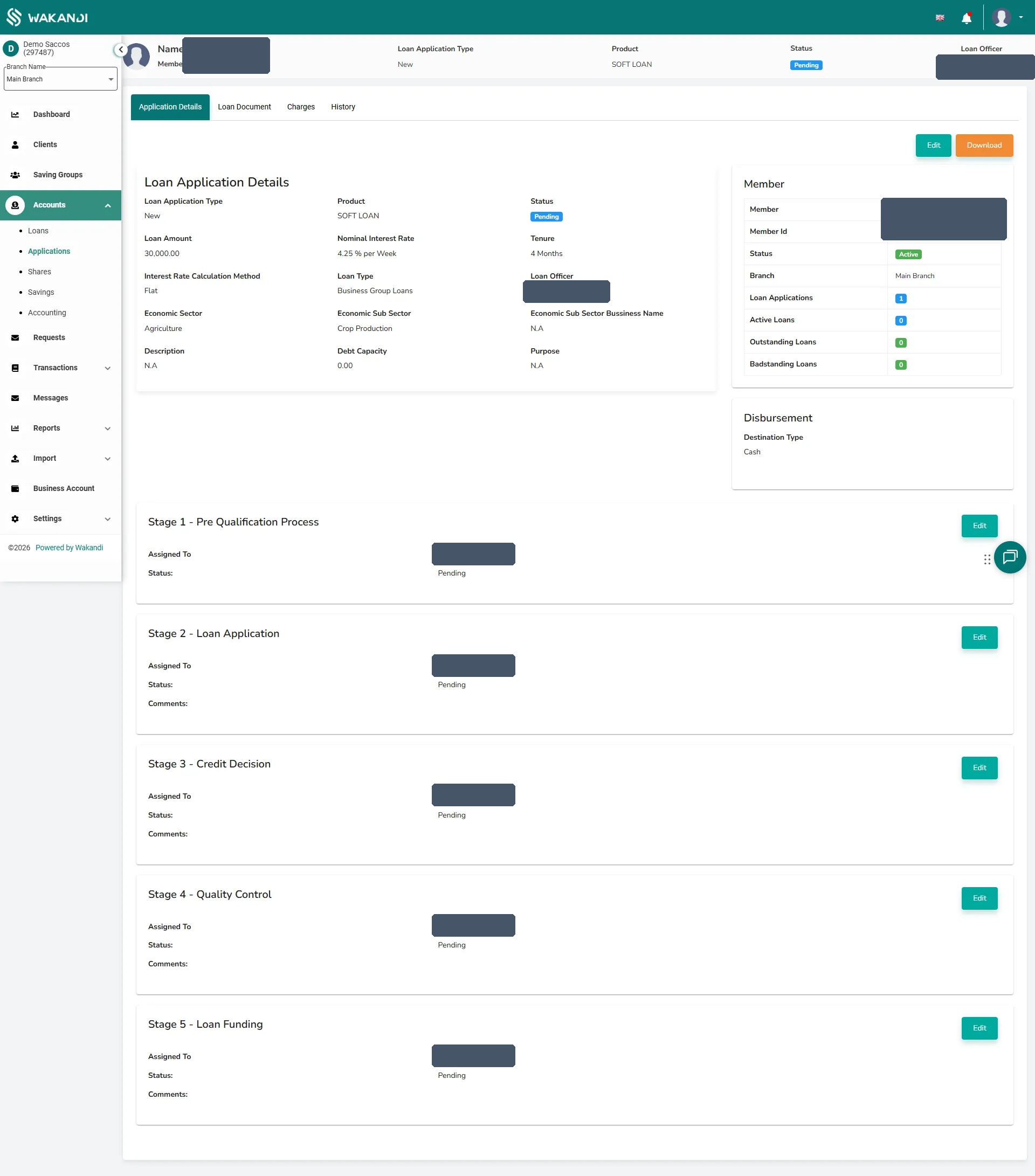 A loan application's appraisal view: the loan details, the member panel, and the five appraisal stages — Pre Qualification, Loan Application, Credit Decision, Quality Control, and Loan Funding — each with an Edit button
