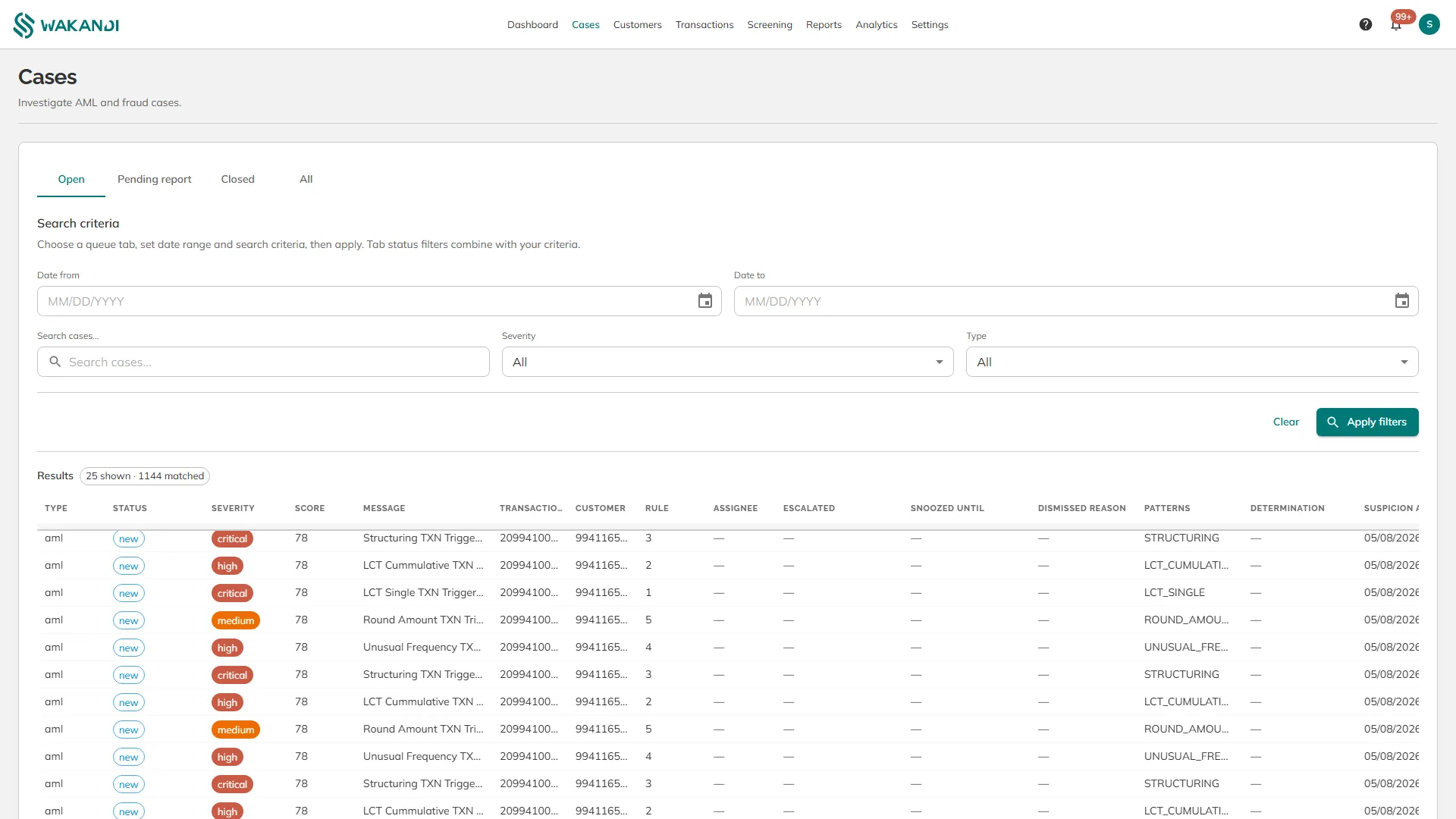 The Cases screen with the queue tabs above the search criteria and the results below