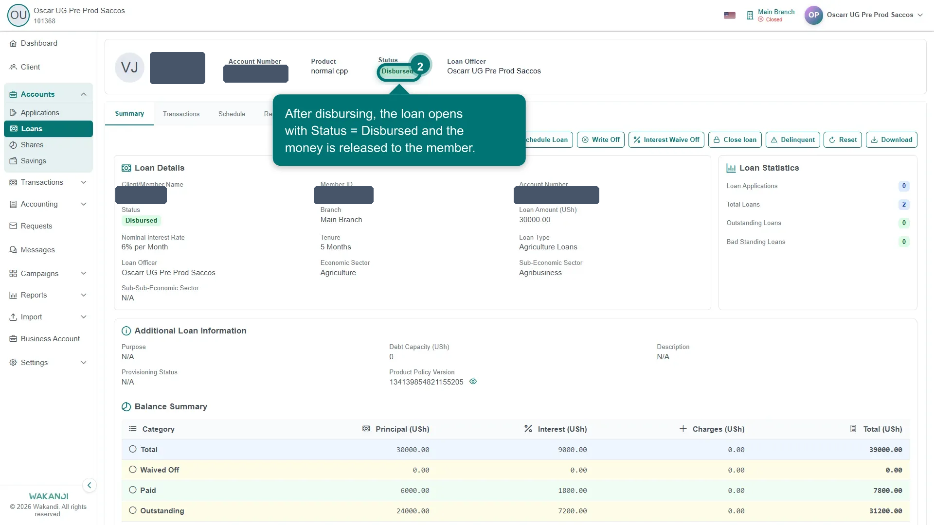 Figure 2: A loan detail page showing the Disbursement Details section and loan actions
