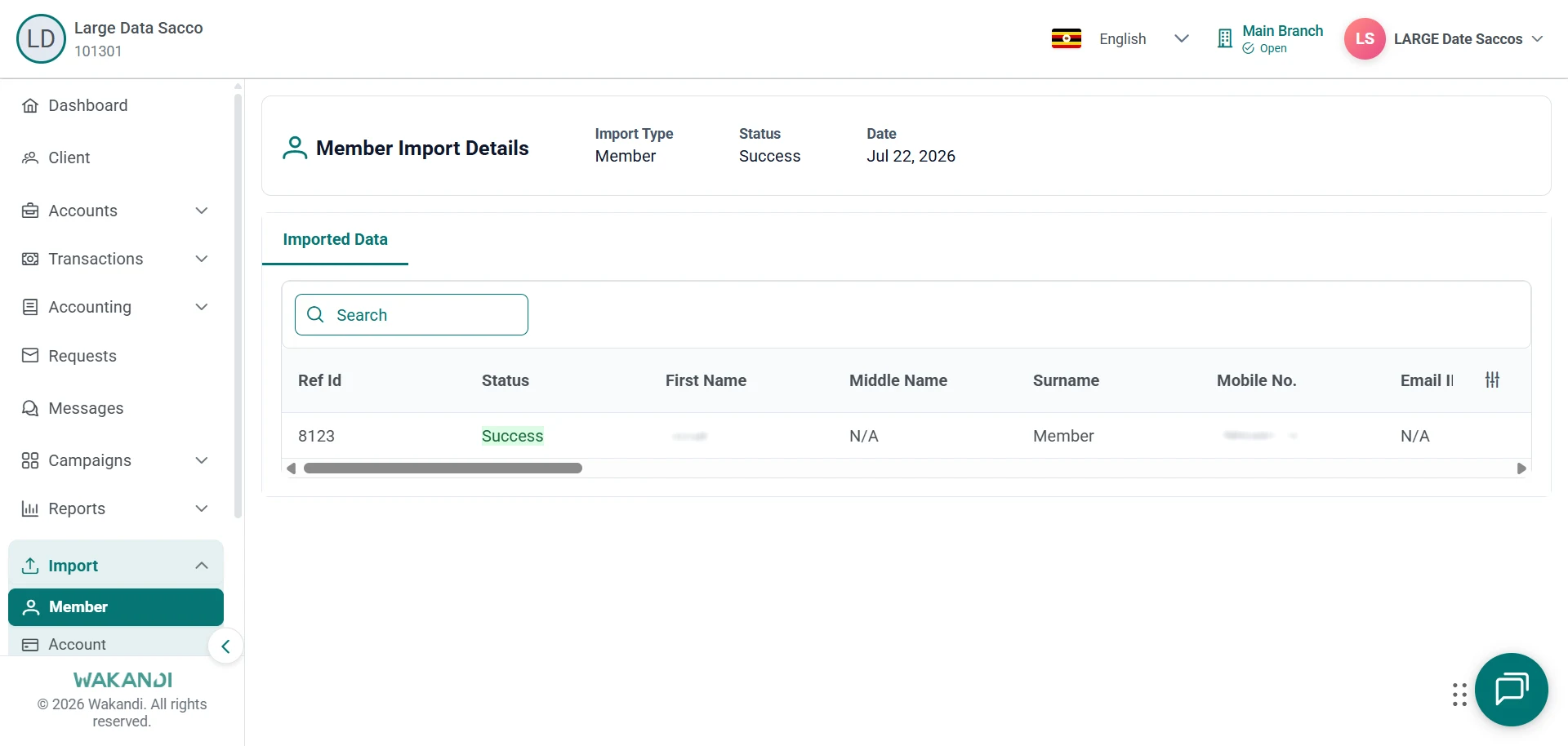 Member Import Details header with the Imported Data tab open, showing a member row marked Success