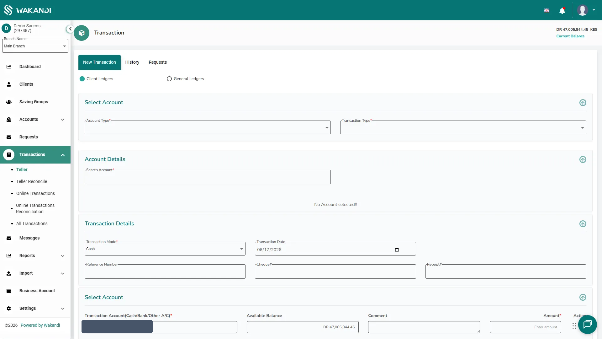 A teller's transaction screen with the till open: the till account and current balance show at the top, ready to post a client or general-ledger transaction