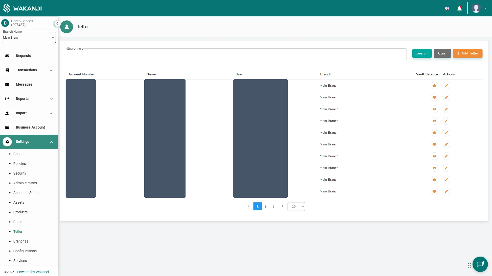 The Teller settings page: a list of tills showing account number, teller name, assigned user, branch and vault balance, with an Add Teller button and view and edit actions