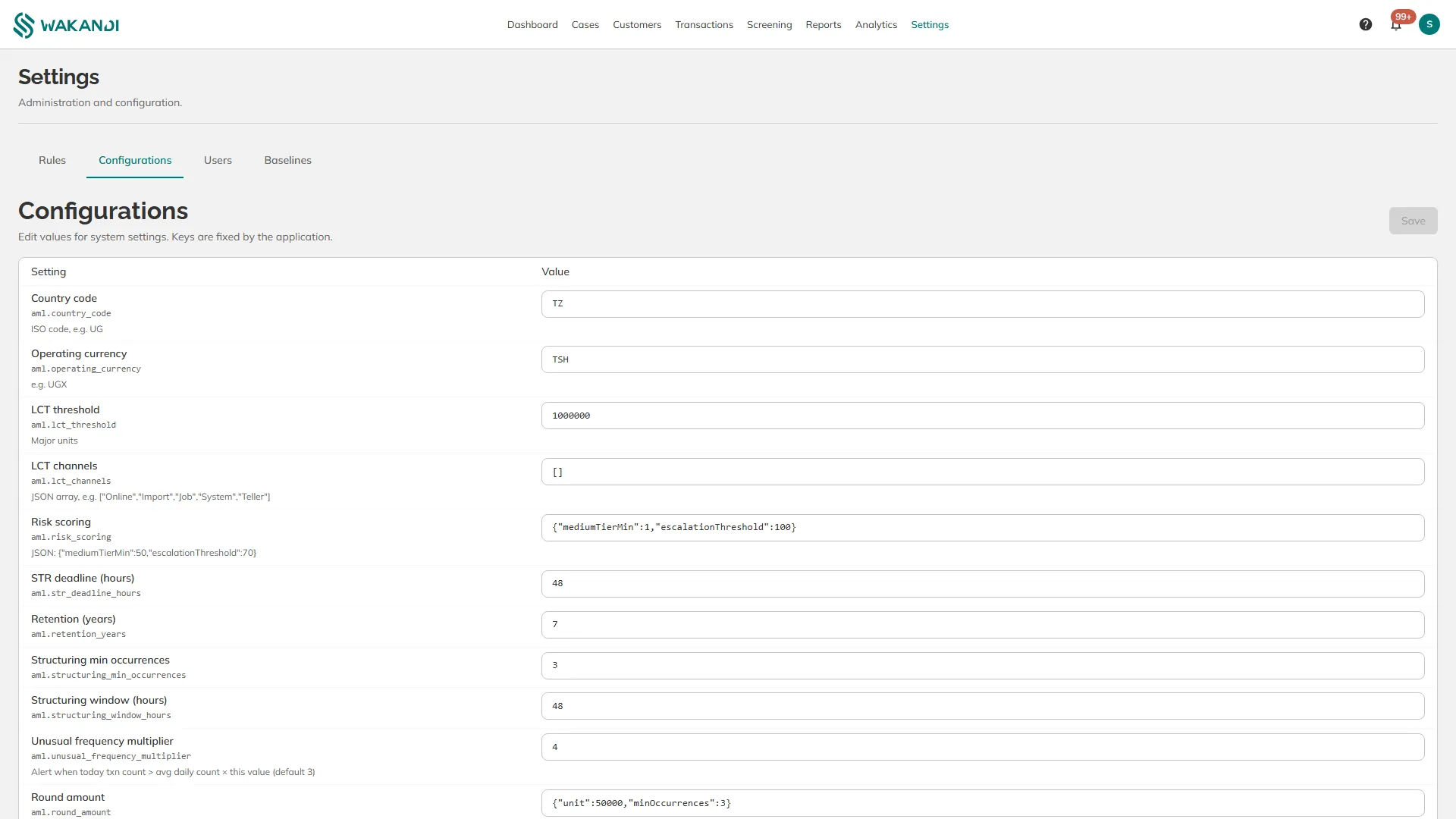 Settings, Configurations, listing each setting, its key and its value