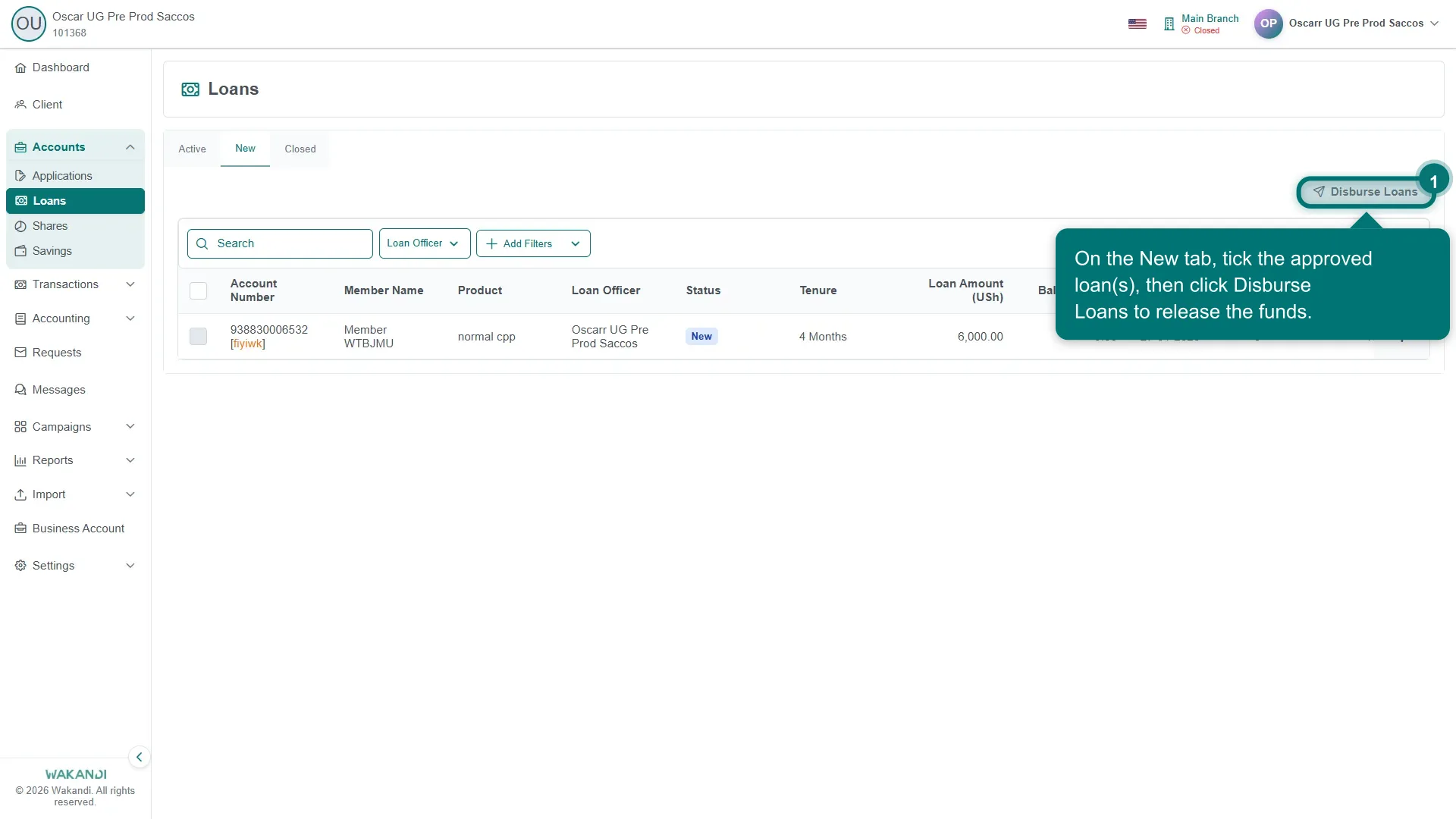 Figure 1: The Loans list on the New tab, where approved loans await disbursement before they move to Disbursed