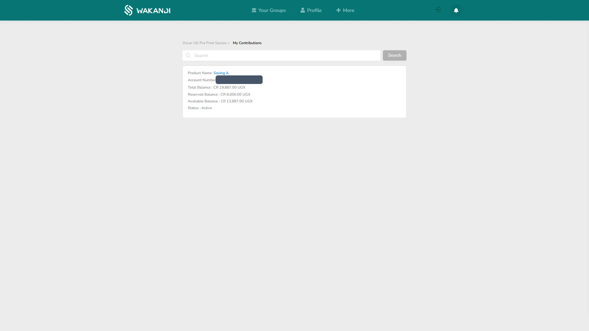 The My Contributions screen showing your savings account: product name, account number, total, reserved and available balance, and status