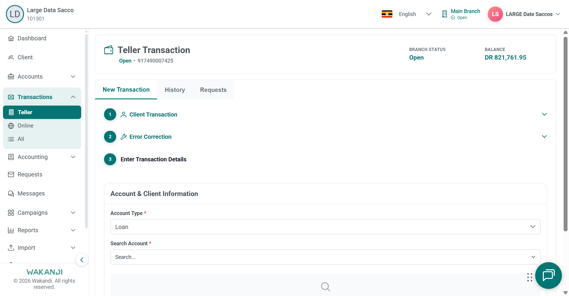 Error Correction details form with Account Type set to Loan and an empty Search Account field