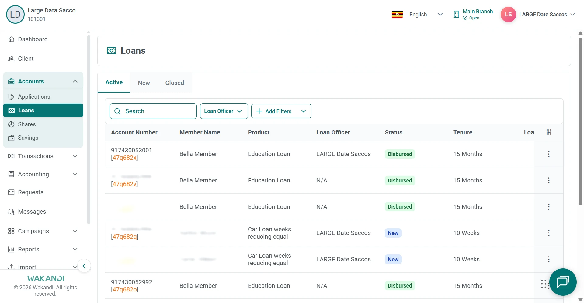Loans list on the Active tab with the search box and loan accounts by member and product