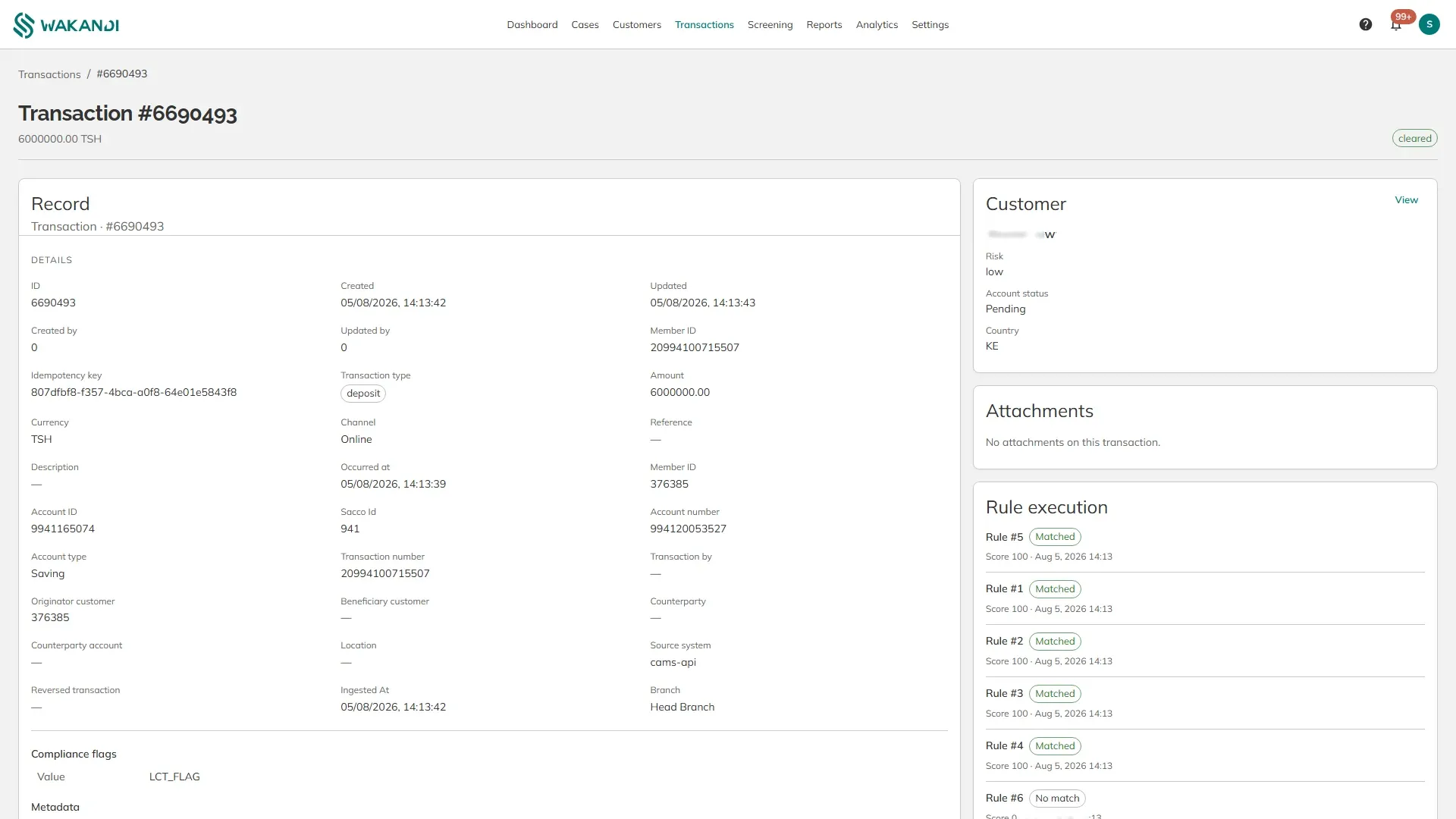 A transaction record rebuilt in full, with its flags and the checks that ran against it