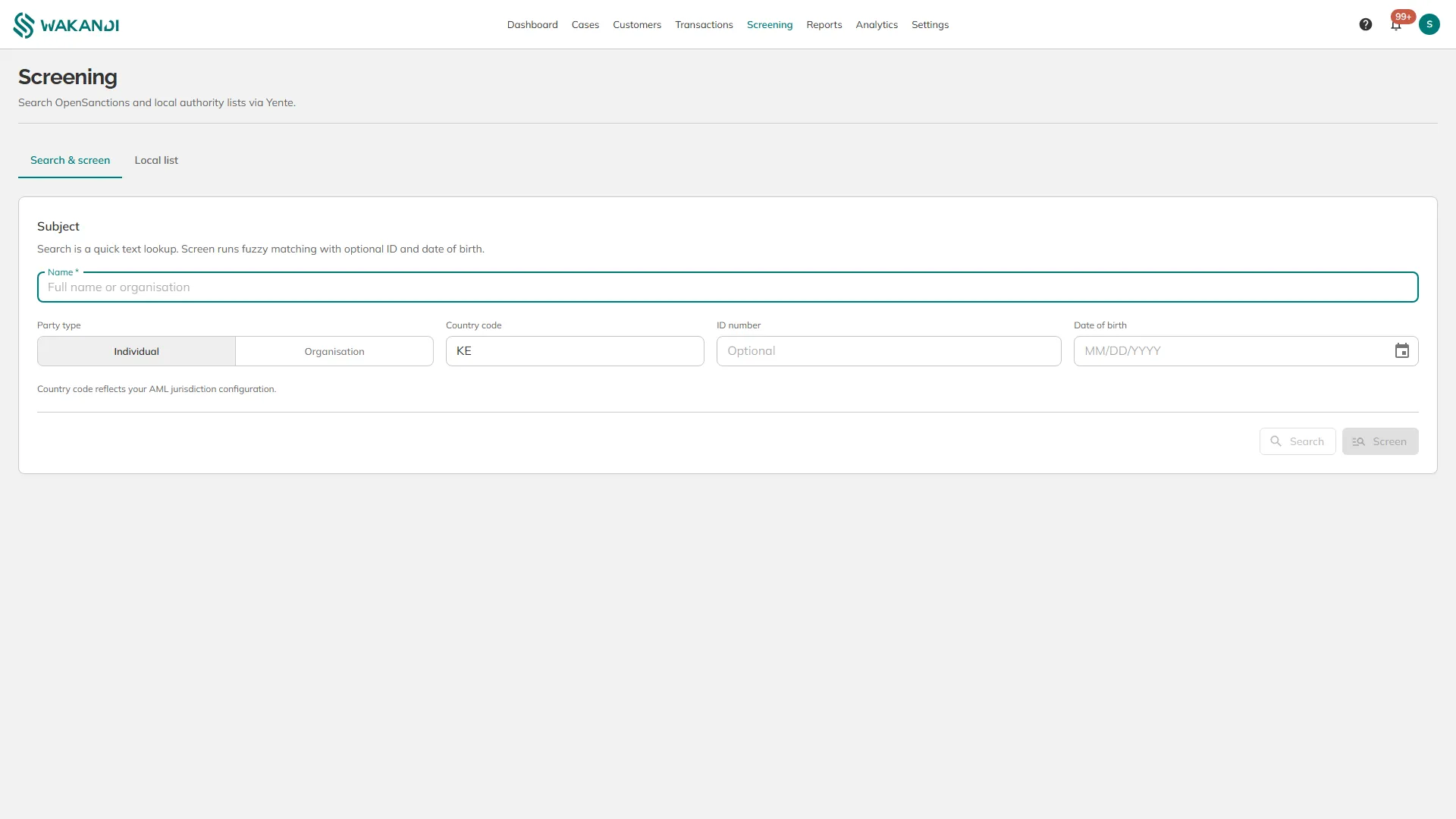 The Screening screen with the subject fields and the Search and Screen buttons