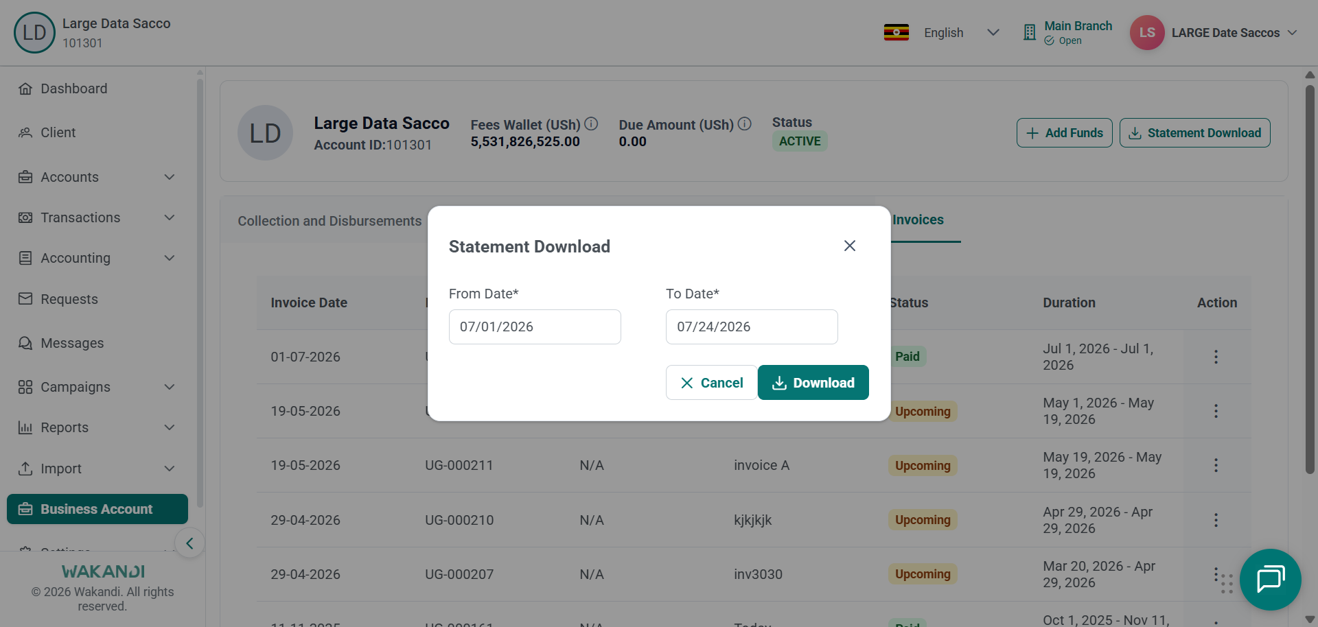 Statement Download dialog with From Date and To Date filled in and the Download button active