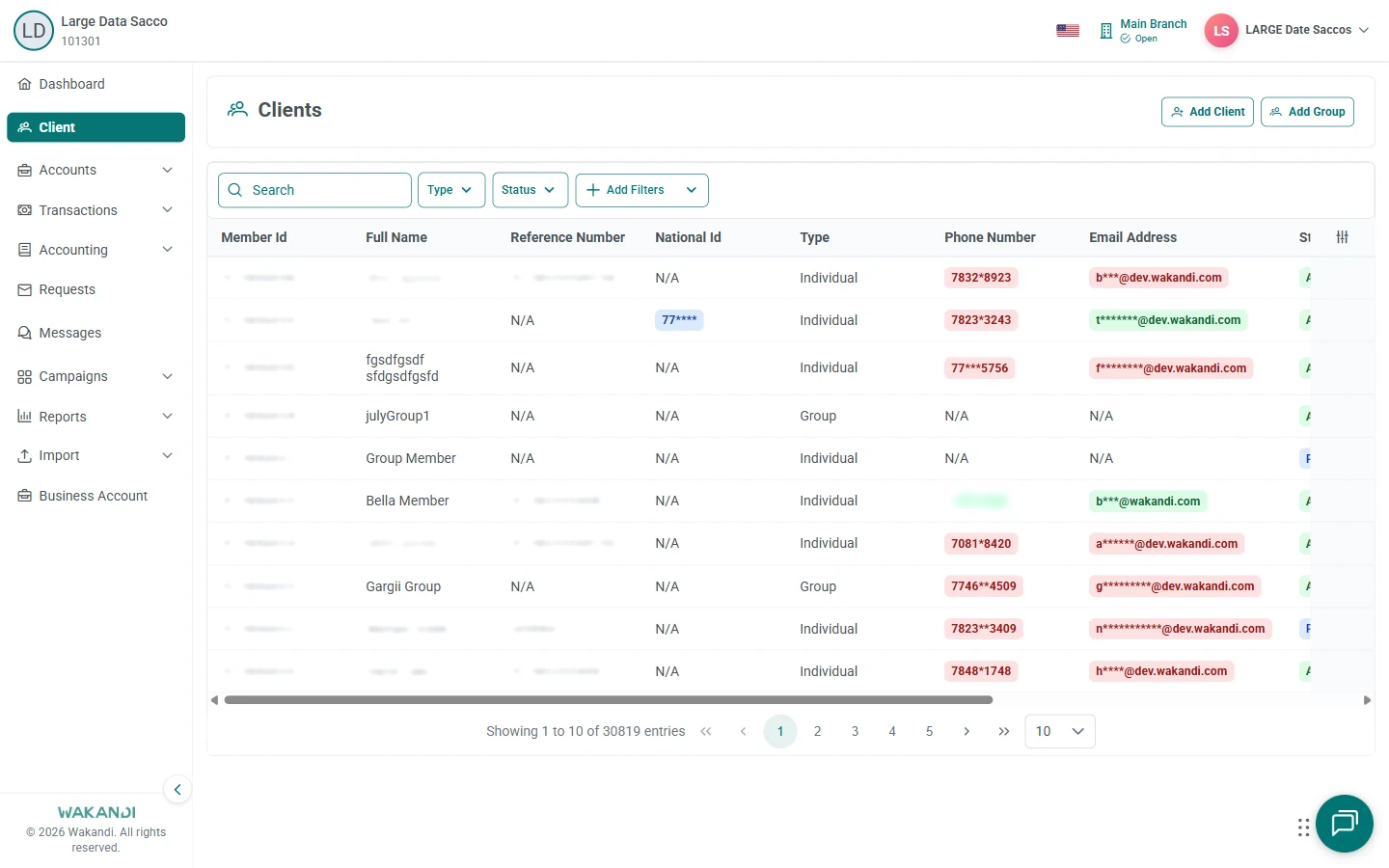 Clients list with the search box, Type and Status filters, and member rows to click