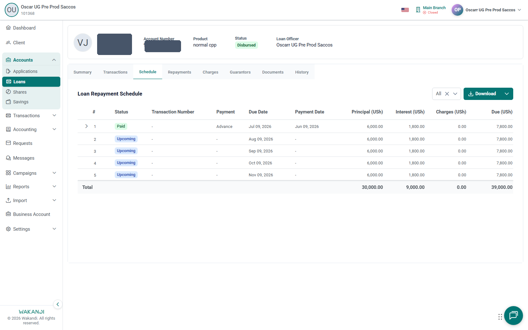 Loan repayment schedule with installments and balances