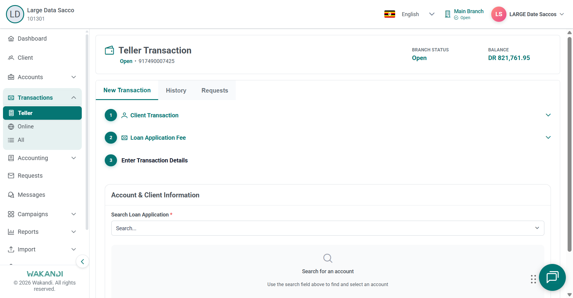Teller New Transaction with Loan Application Fee chosen and the Search Loan Application field awaiting an account