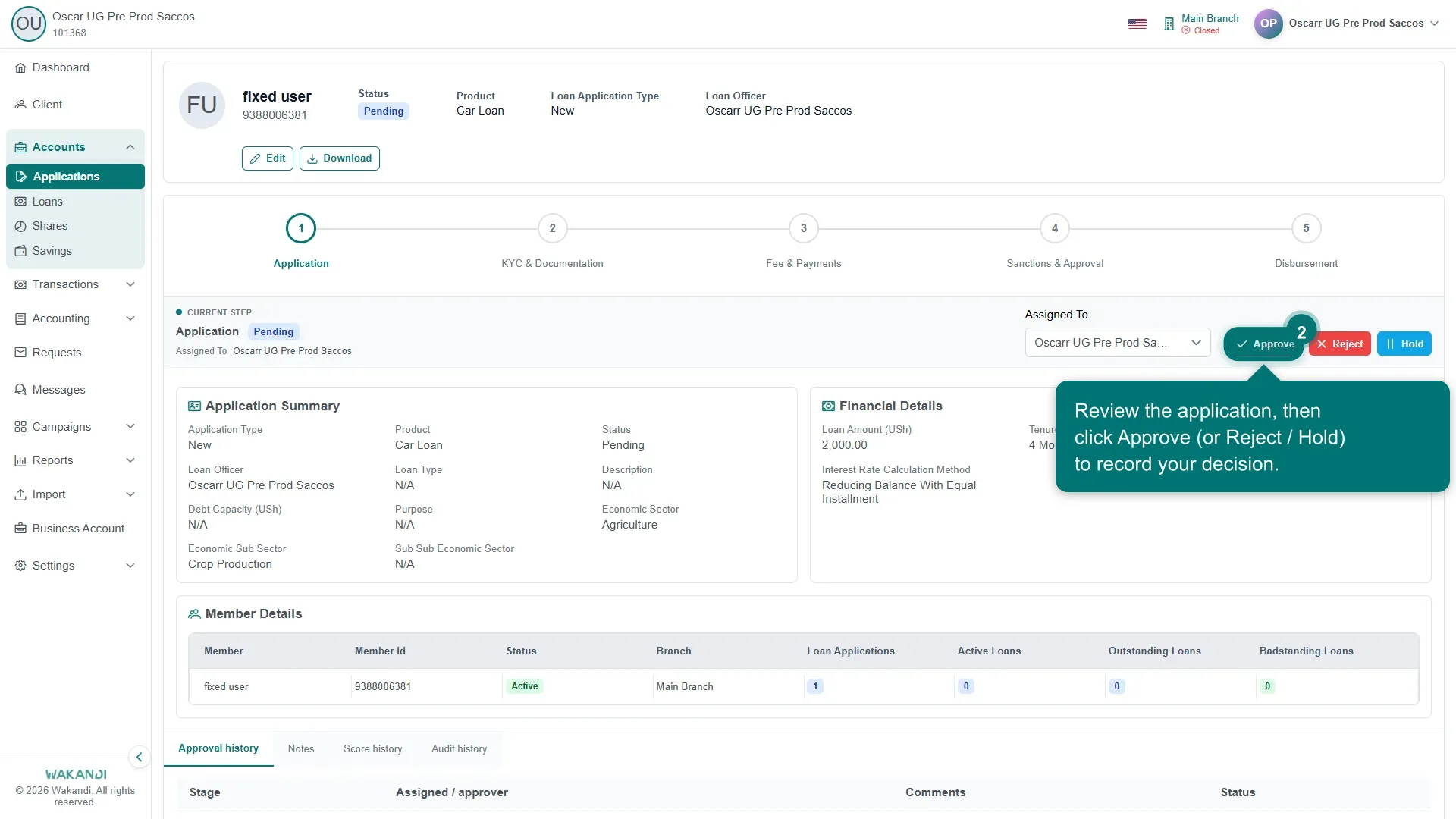 Figure 2: A loan application detail page showing the Application Summary, Financial Details and Member Details with the Approve, Reject and Hold buttons