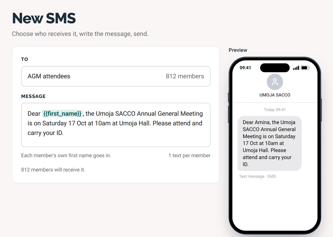 Writing one SMS and choosing which members get it in Jamii Connect