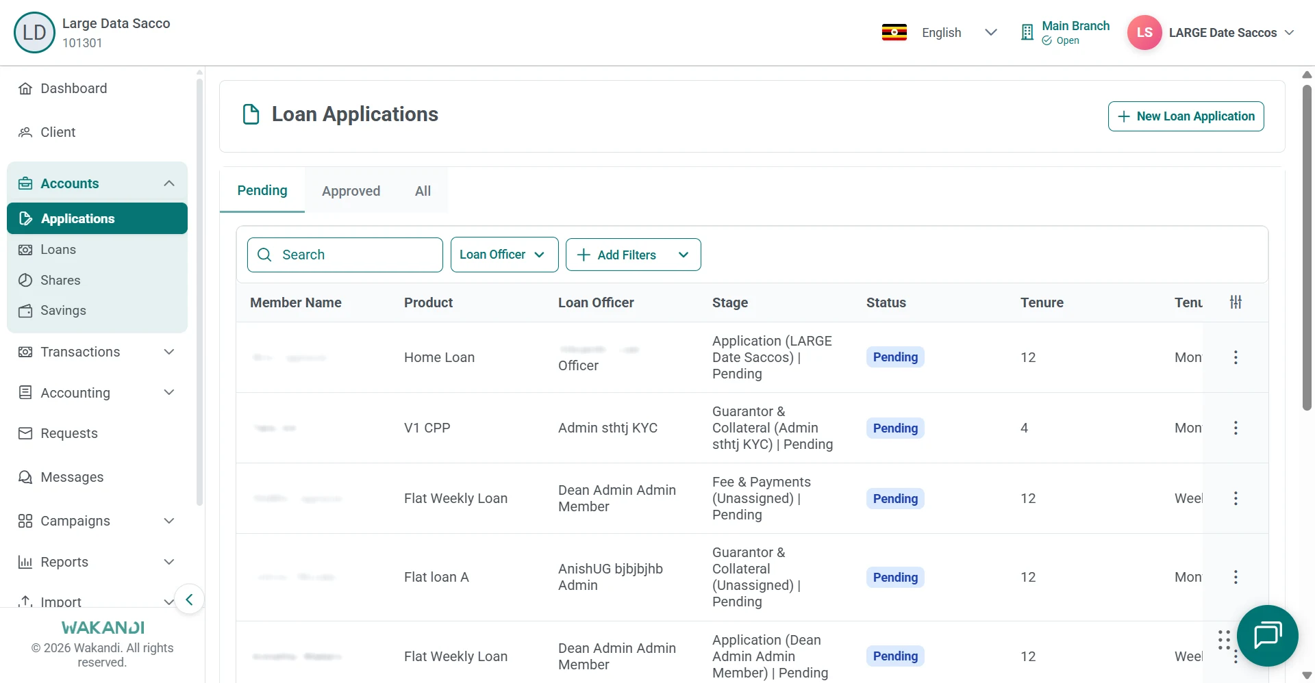 Loan Applications list on the Pending tab with New Loan Application at the top right