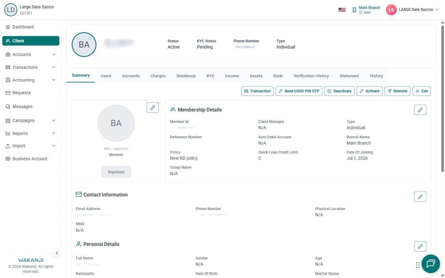 Member Summary tab with header showing Member ID, Full Name, KYC Status Pending, and the Exit button
