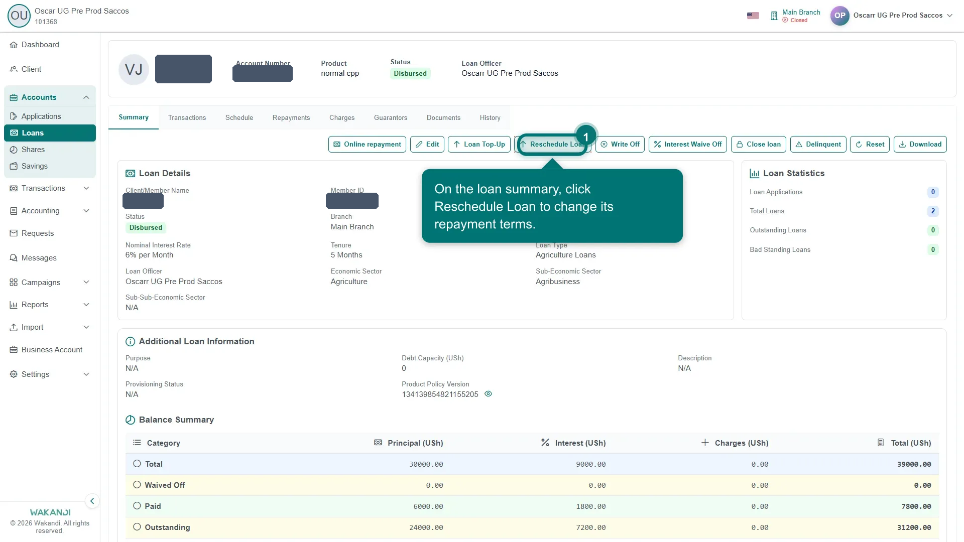 Figure 1: A loan detail page with the Reschedule Loan button highlighted, among the loan actions (Online repayment, Edit, Loan Top-Up, Write Off, Close loan) and the Summary, Schedule, Repayments and Guarantors tabs
